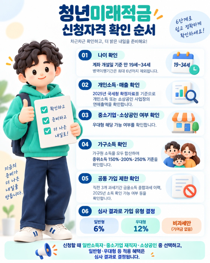 청년미래적금 가입을 위한 나이, 개인소득·매출, 중소기업·소상공인 여부, 가구소득, 가입 제한, 일반형 6%·우대형 12%·비과세만 적용되는 유형을 확인하는 6단계 인포그래픽.