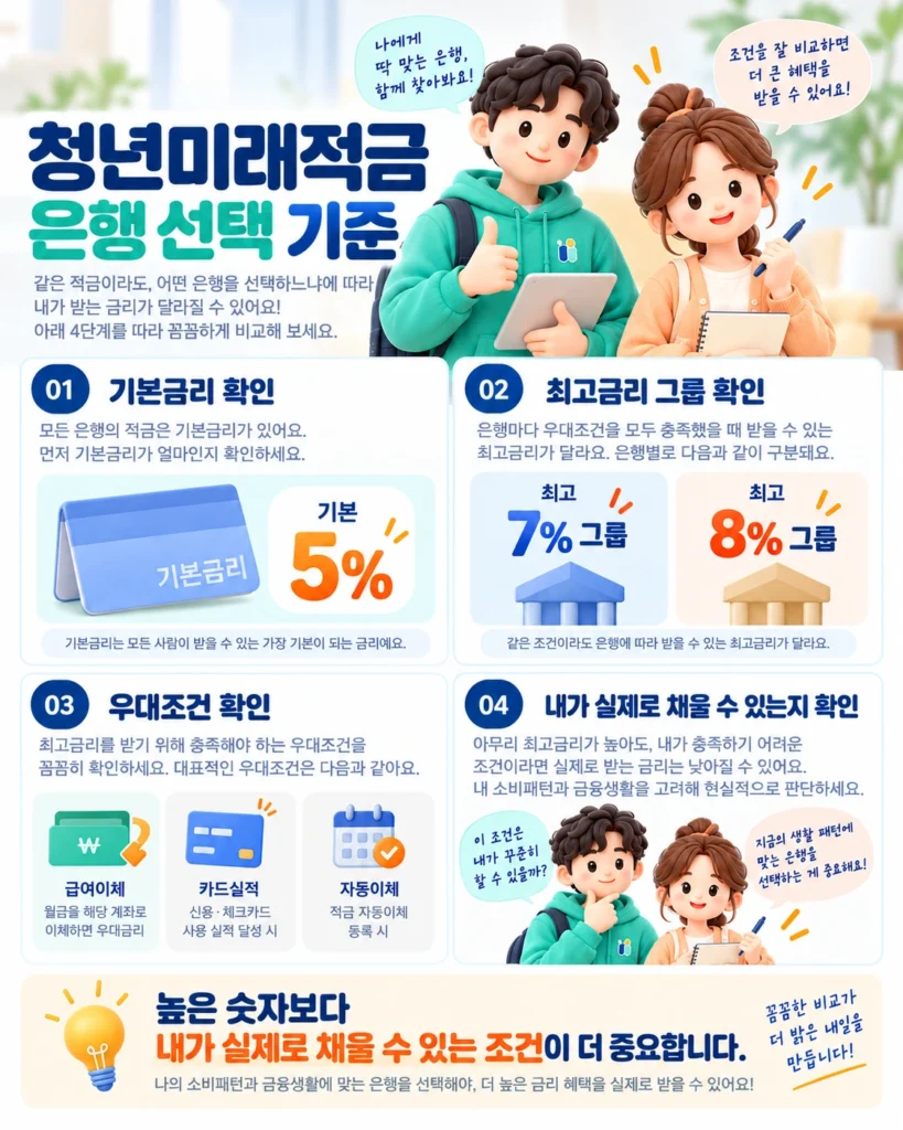 청년미래적금 기본금리 5%, 최고금리 7%·8% 비교부터 급여이체·카드 이용·자동이체 조건 확인, 실제 충족 가능한 우대금리 판단까지 안내하는 4단계 인포그래픽.