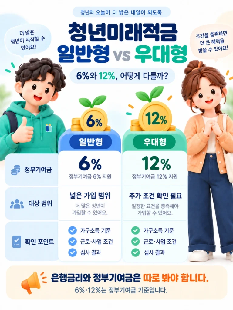 청년미래적금 일반형 정부기여금 6%와 우대형 12%의 차이, 우대형 추가 가입조건, 가구소득·근로요건 확인사항, 은행 금리와 정부기여금의 구분을 설명한 비교 인포그래픽.
