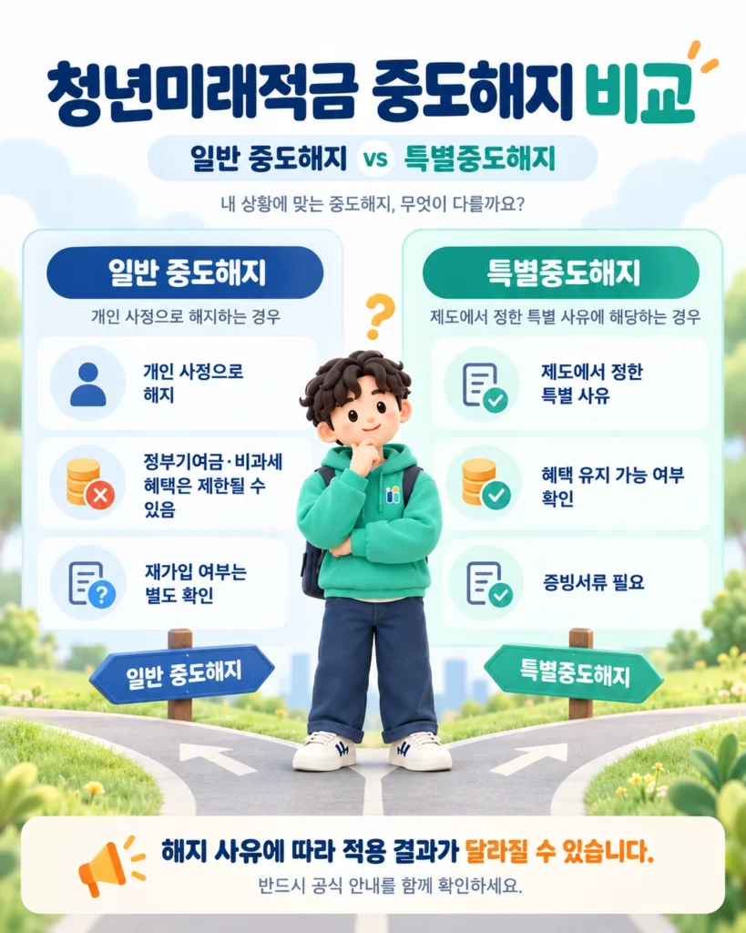 청년미래적금 일반 중도해지와 특별중도해지를 나란히 비교하고, 정부기여금·비과세 혜택 차이, 특별해지 사유와 증빙서류, 재가입 확인사항을 설명한 인포그래픽.