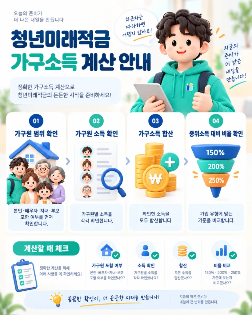 청년미래적금 가구소득 계산 안내 인포그래픽. 가구원 범위 확인, 가구원별 소득 확인, 가구소득 합산, 중위소득 150%·200%·250% 기준 비교의 4단계 절차와 확인사항을 정리하여 안내
