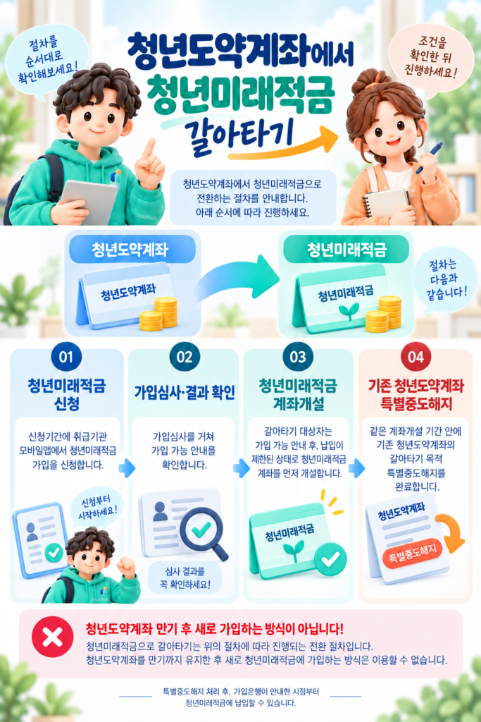 청년도약계좌에서 청년미래적금으로 갈아타는 가입신청, 가입심사 결과 확인, 미래적금 계좌개설, 기존 도약계좌 특별중도해지의 4단계 절차와 만기 후 신규 가입 제한을 안내한 인포그래픽.