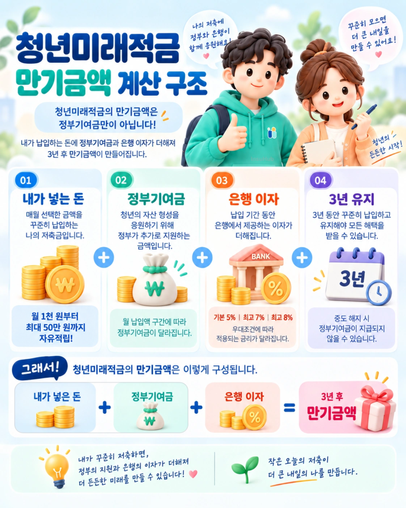 청년미래적금 만기금액을 납입원금·정부기여금·은행 이자의 합계로 설명하고, 월 1천 원~50만 원 자유납입과 3년 유지조건을 안내하는 인포그래픽.